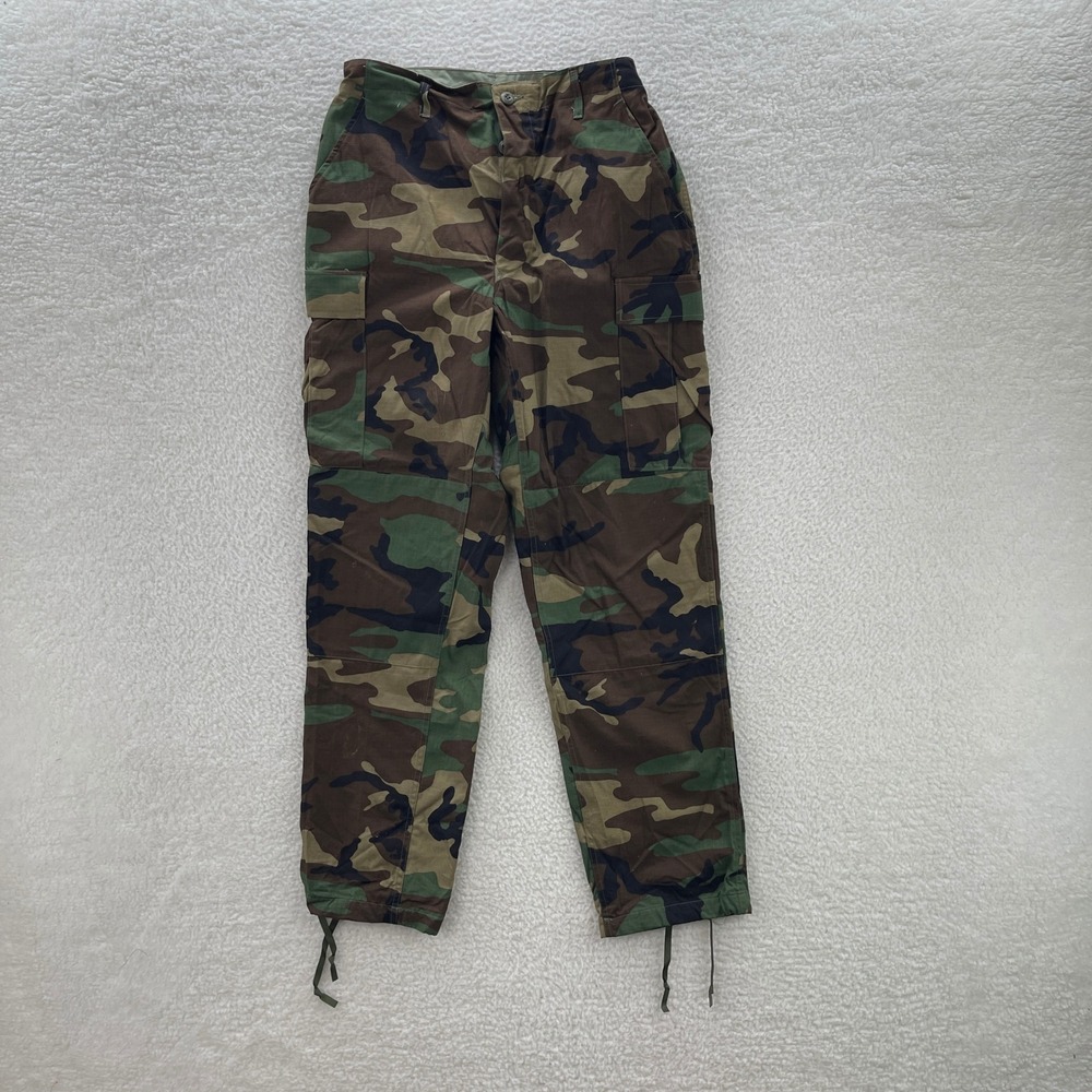 Military BDU Pants Mens Medium Long Green Brown Woodland Camo Cargo Canvas Gorp